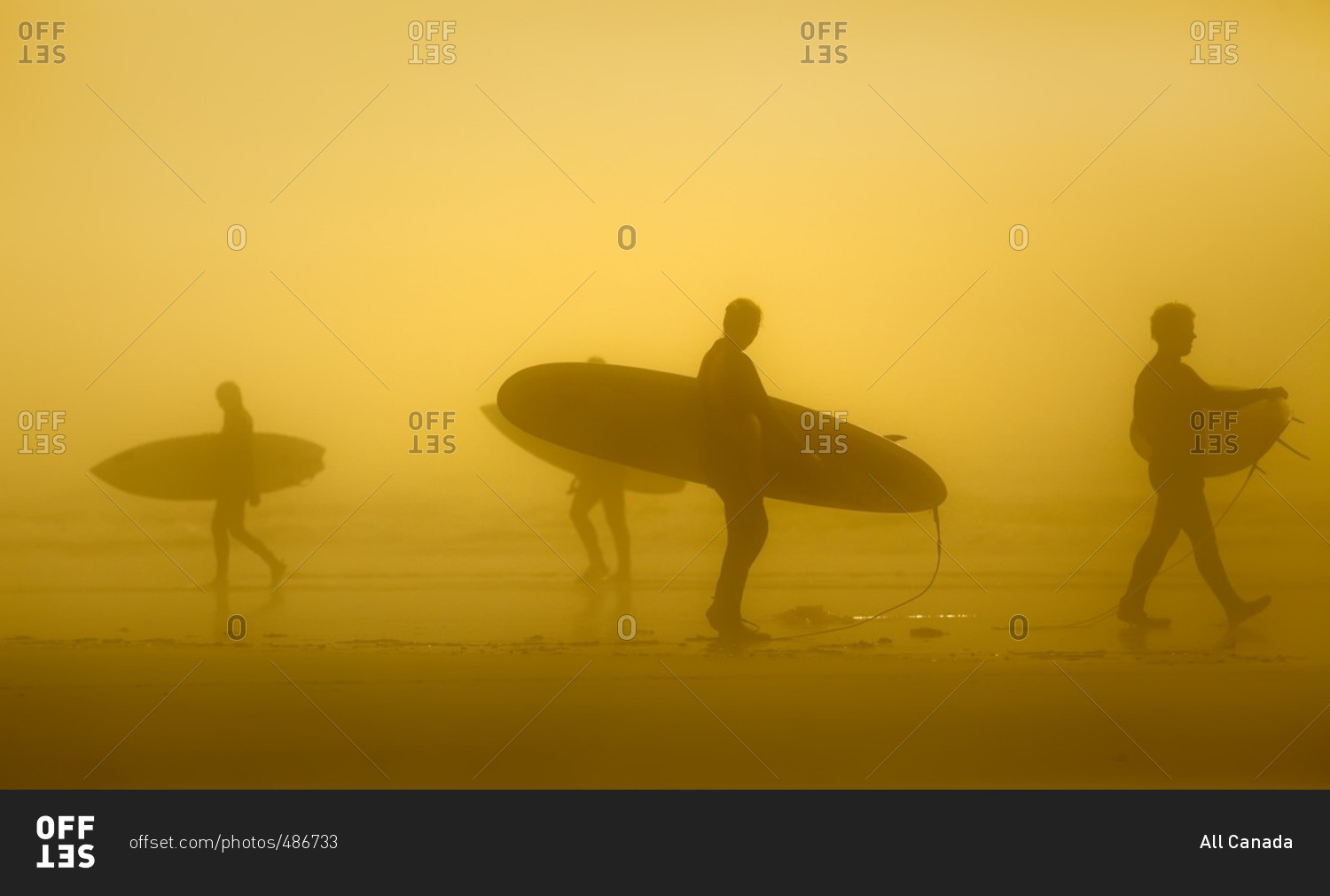 Silhouette of surfers in the fog, Long Beach, Pacific Rim National Park, Vancouver Island, British Columbia, Canada