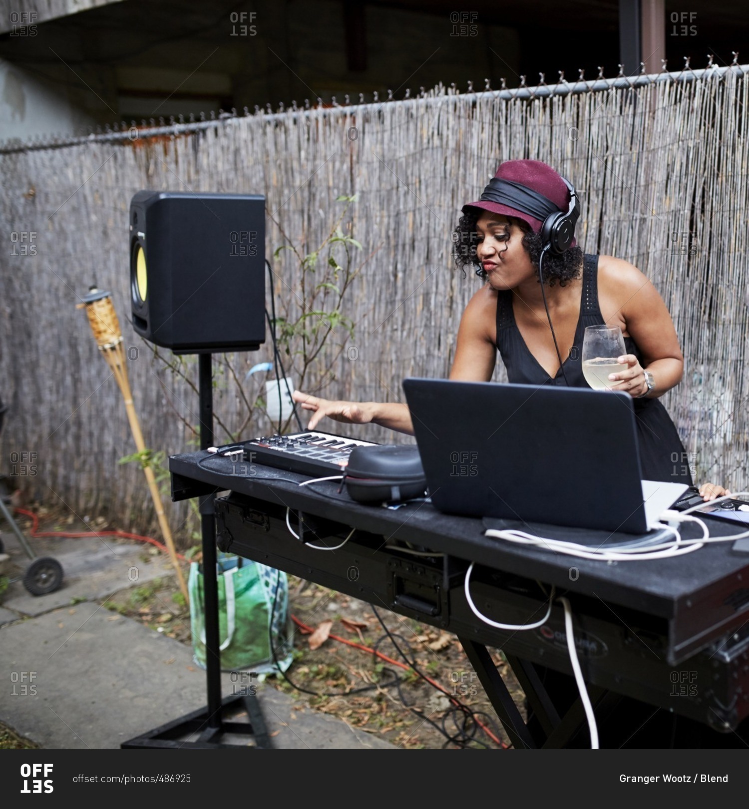 Mixed Race do playing music in backyard