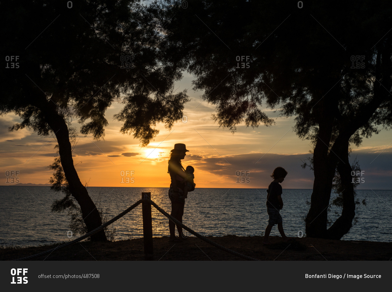 Silhouette of mother and children by water at sunset, Italy
