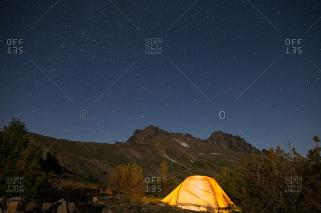 Night camping on hilltop, Enchantments, Alpine Lakes Wilderness, Washington, USA