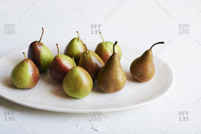 Arrangement of fresh pears on a platter
