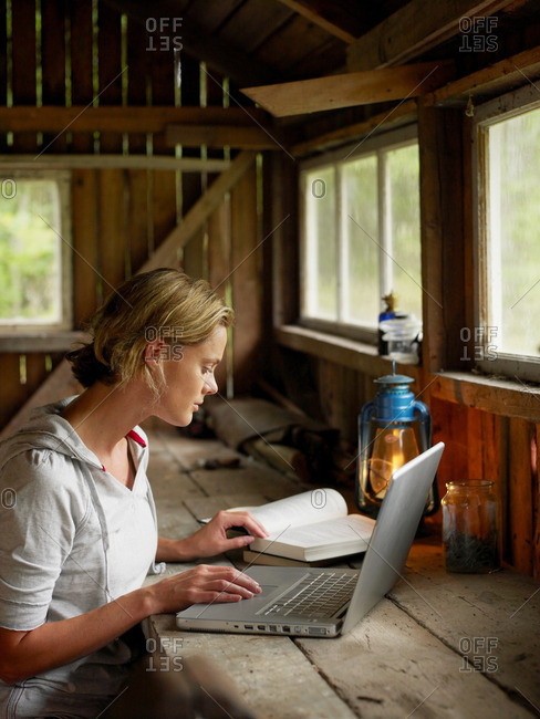 Woman with laptop and mug