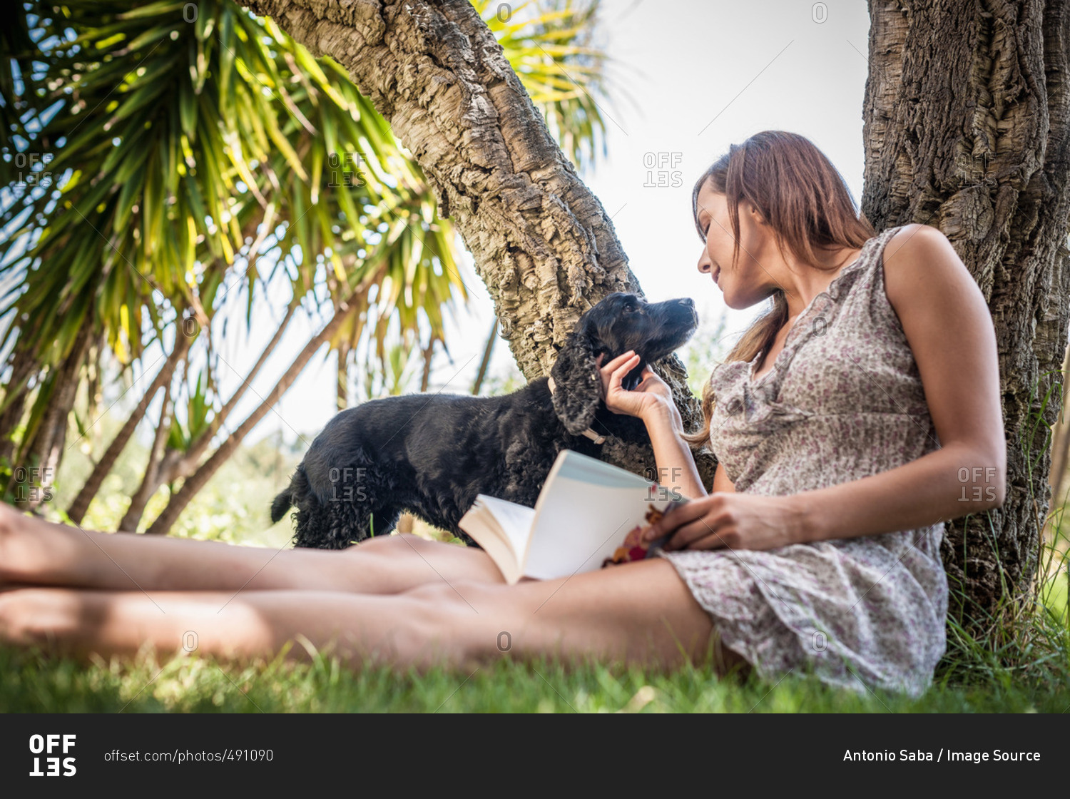Mid adult woman petting dog in holiday home garden, Capoterra, Sardinia, Italy