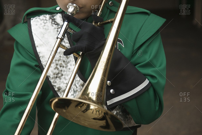 Trombone player in marching band