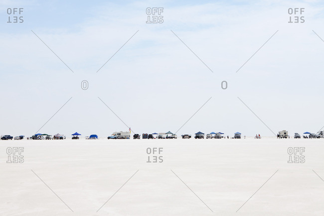 Bonneville Salt Flats, Utah, USA - August 12, 2012: Spectators lined up on Bonneville Salt Flats during Speed Week