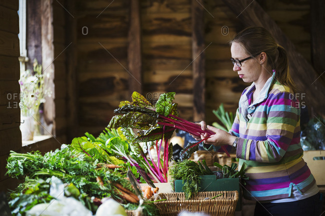 A woman handling organic produce in a farm shop.