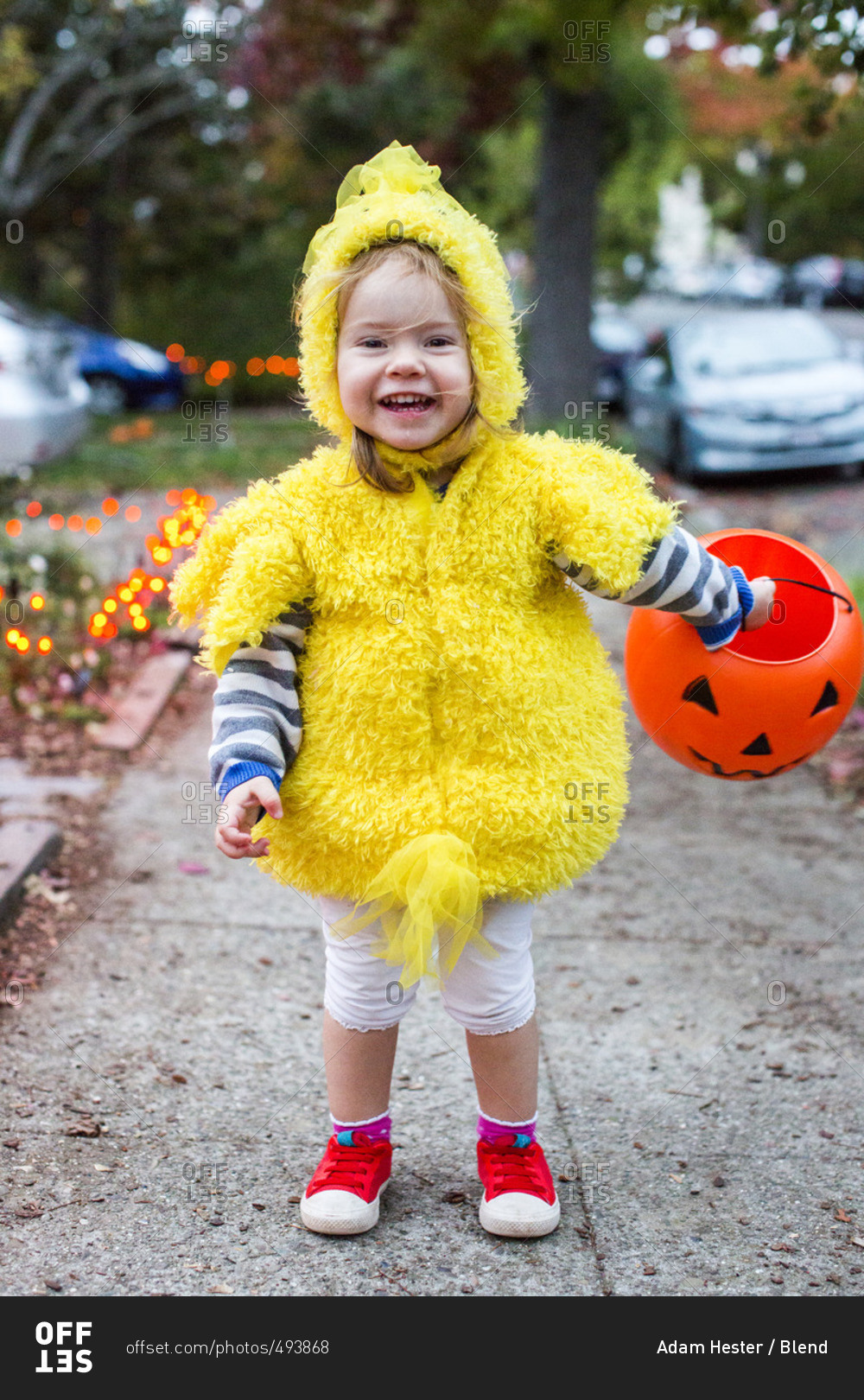 Smiling Caucasian girl wearing chicken costume on Halloween
