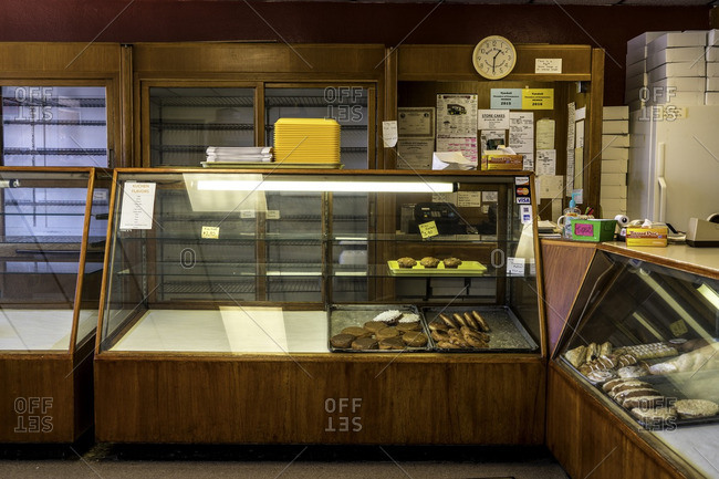 Tabor, South Dakota, USA - July 13, 2016: Display inside doughnut shop with baked goods for sale