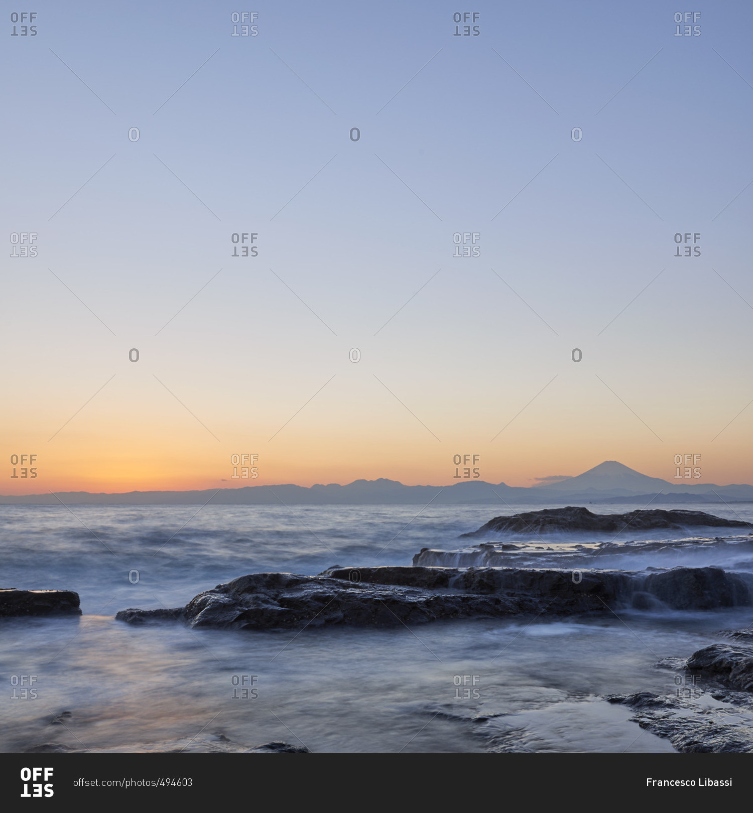 Mount Fuji and silky water after sunset from Enoshima, Kanagawa Prefecture, Japan