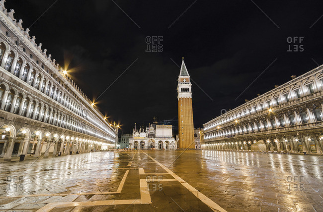 Italy- Venice- deserted St Mark's Square with St Mark's Campanile at night