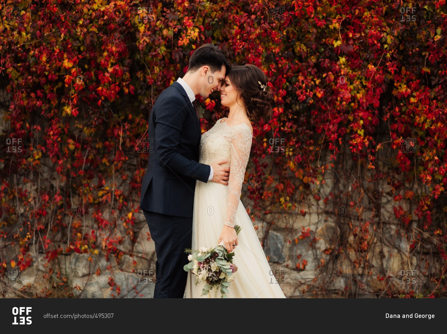 Bride and groom embraced by colorful fall vines