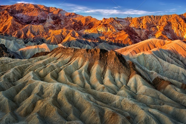 Eroded mountain ridges in the sunset at Zabriskie Point, Death Valley