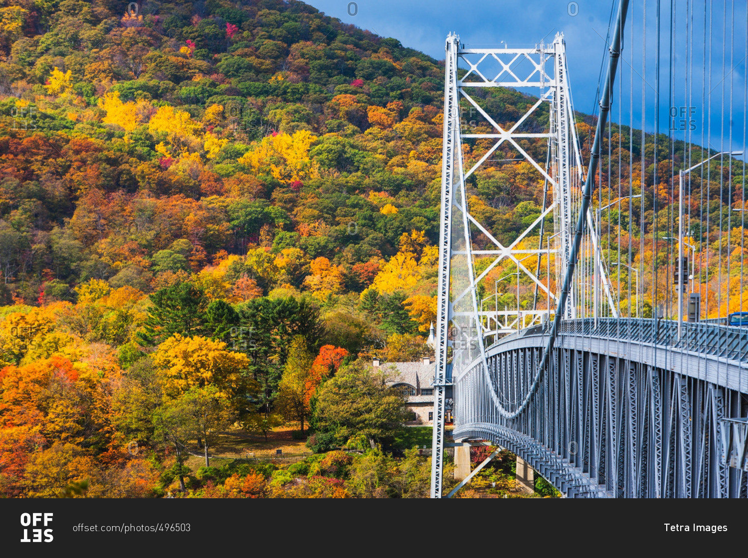 USA, New York, Bear Mountain with colorful autumn trees stock photo