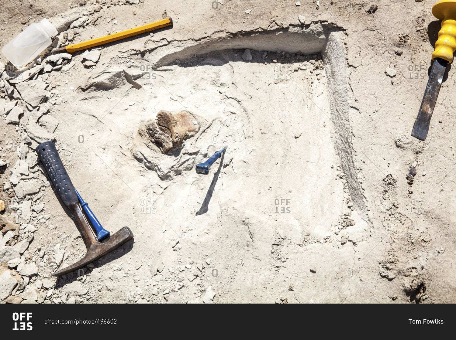 Paleontology digging tools at desert site