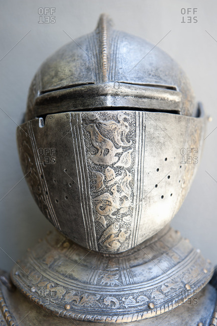 Close-up of the helmet on a knight's suit of armor