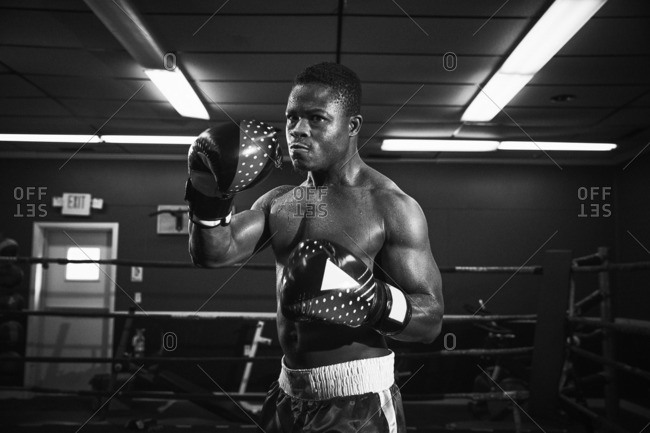 Portrait of determined male boxer practicing in boxing ring at health club