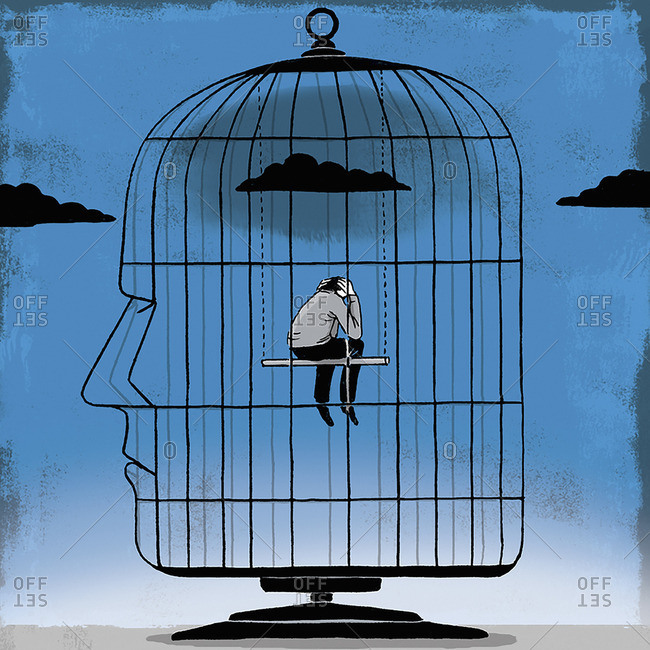 Depressed man inside head-shaped birdcage