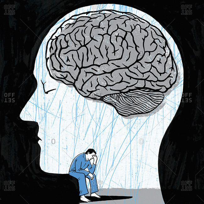 Depressed man inside head with brain