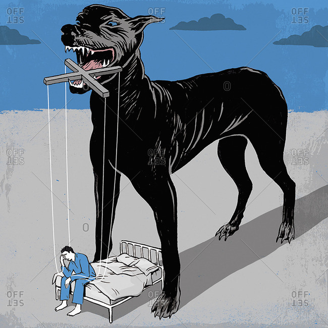 Aggressive hound holding man as a marionette at night