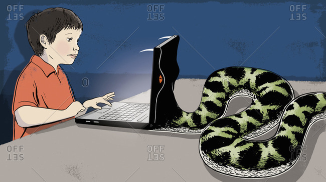 Snake eating laptop of a boy