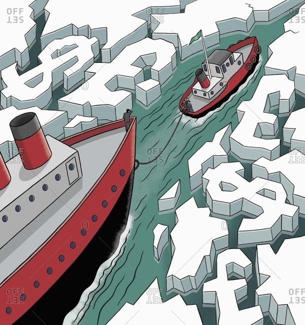 Business people on icebreaker leading through dollar and pound waterway