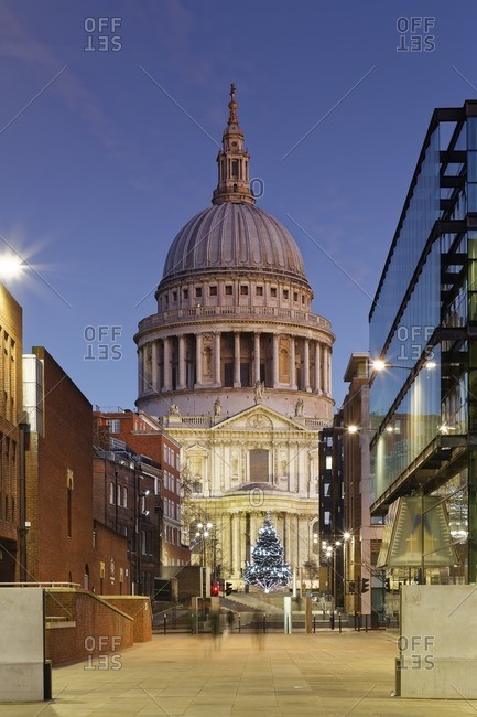 UK- London- Christmas tree in front of St Paul's Cathedral at dusk