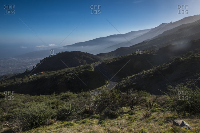 Overhead view of winding road through the mountains of Teide National Park