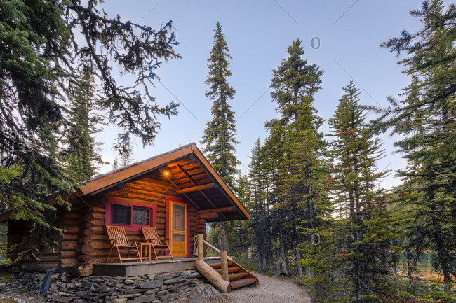 A rustic guest cabin on the shore of Lake O'Hara in Yoho National Park, British Columbia, Canada No Property Release