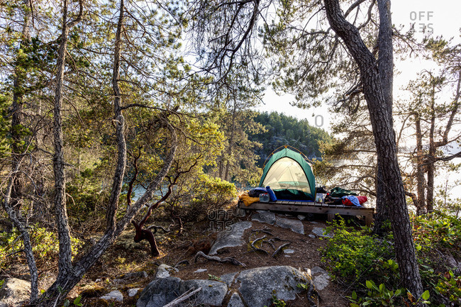 A kayaker\'s tent on West Curme Island overlooks  Mink Island in Desolation Sound Marine Park, British Columbia, Canada