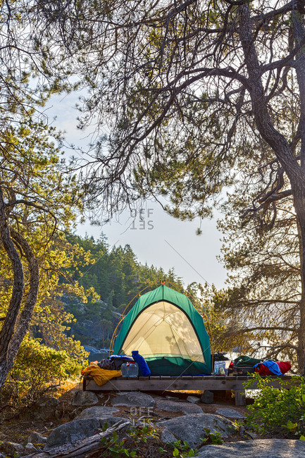 A kayaker's tent on West Curme Island overlooks  Mink Island in Desolation Sound Marine Park, British Columbia, Canada