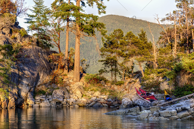 High tide separates East Curme from West Curme Island in Desolation Sound Marine Park British Columbia, Canada