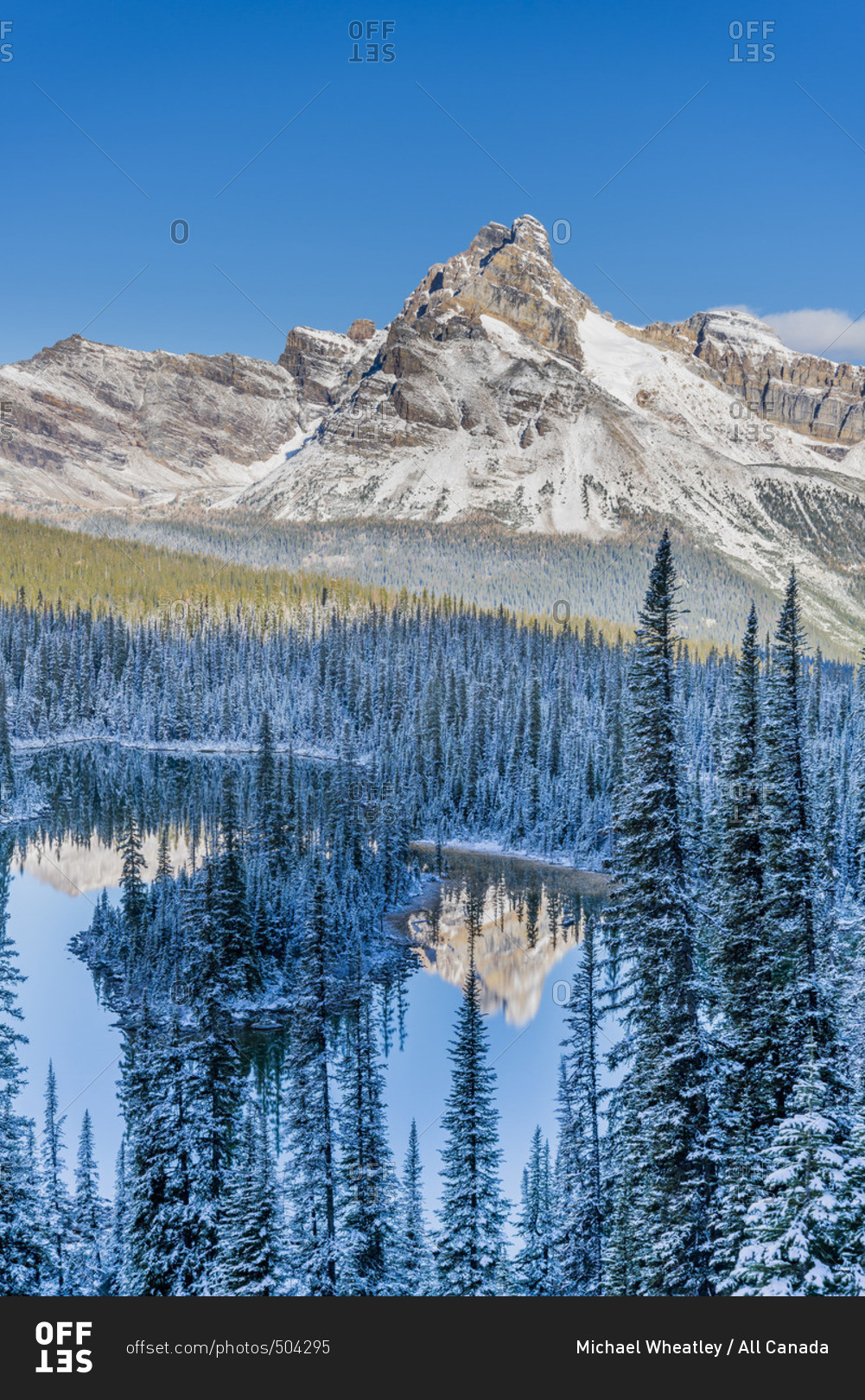 Cathedral Mountain reflected in Mary Lake, Yoho National Park, British Columbia, Canada