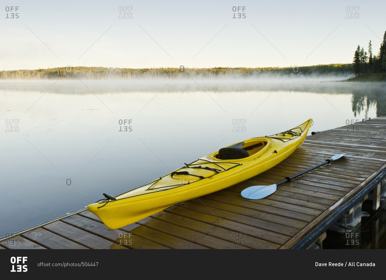 kayak on dock, Hanging Heart Lakes, Prince Albert National Park, Saskatchewan, Canada