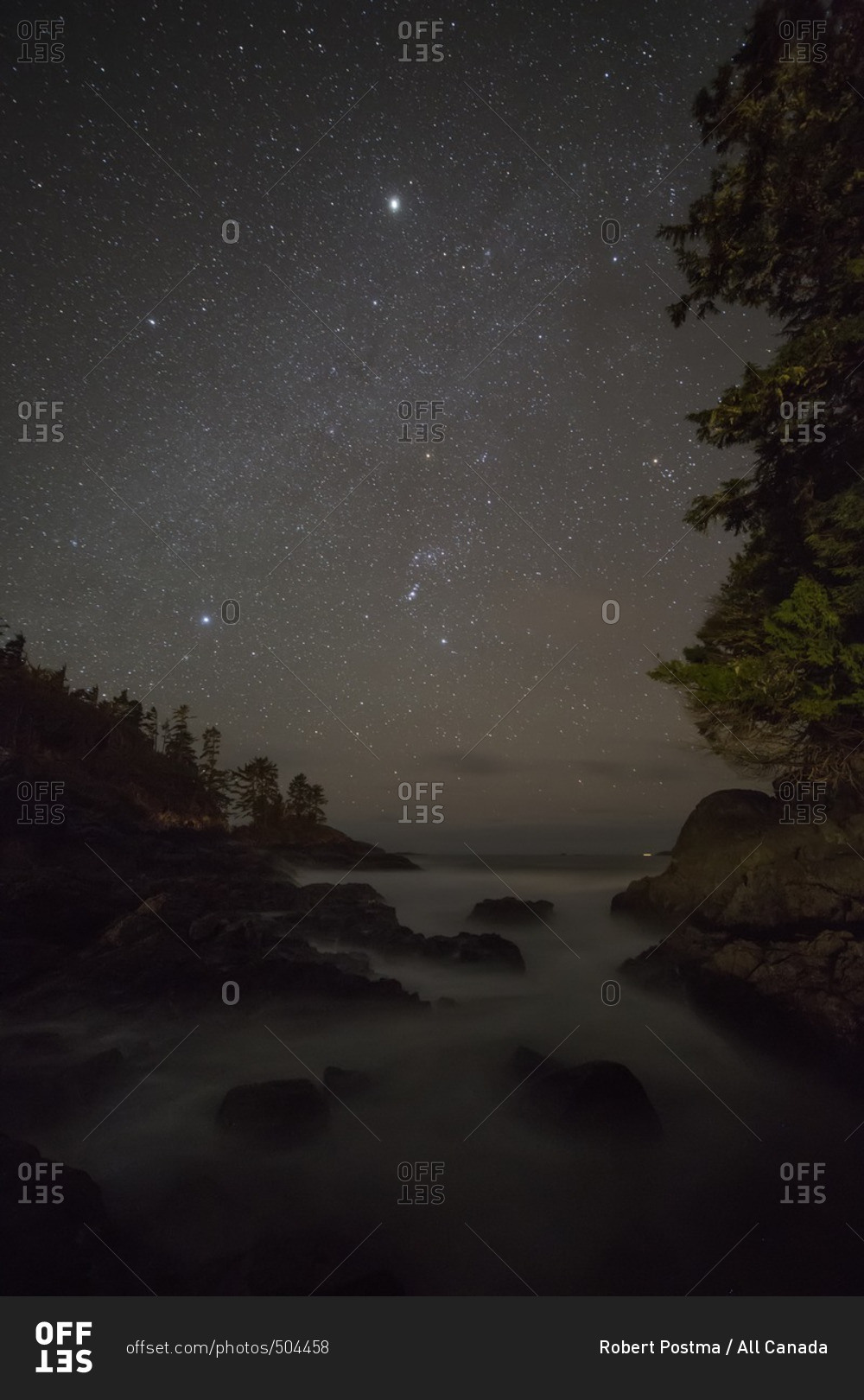 Long night exposure of the Pacific ocean hitting the shoreline around Tofino, British Columbia, Canada