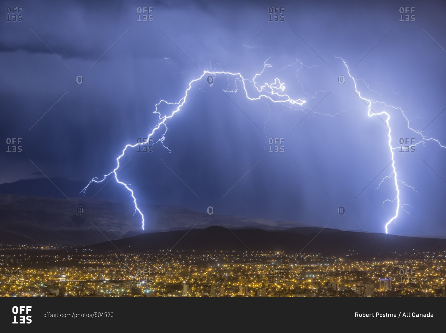 Lightning during a thunderstorm over the city of Cochabamba, Bolivia