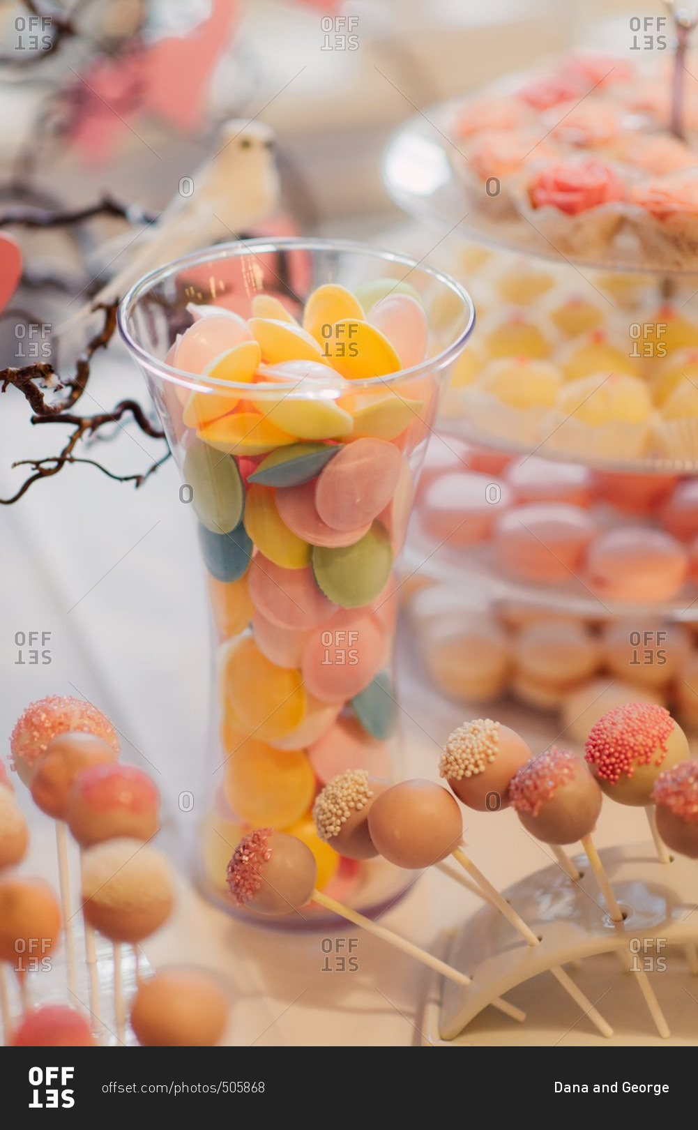 Colorful treats on a dessert table at a wedding