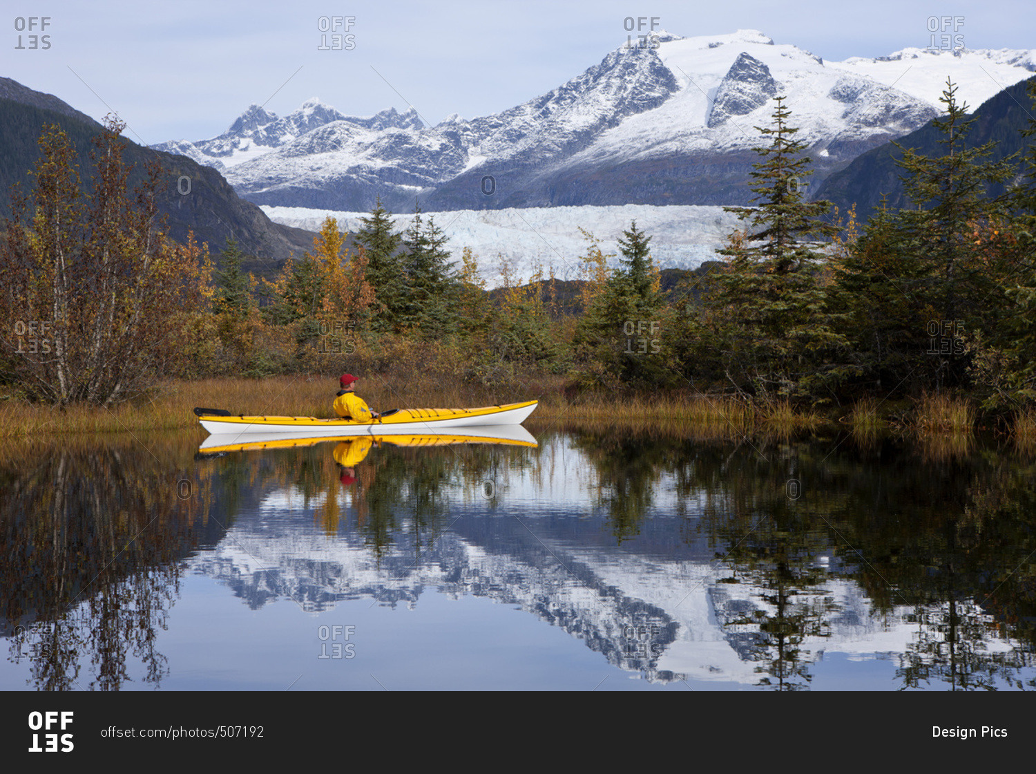 Person In Sea Kayak In A Lake Near Mendenhall Glacier, Tongass National Forest, Juneau, Southeast Alaska, Autumn