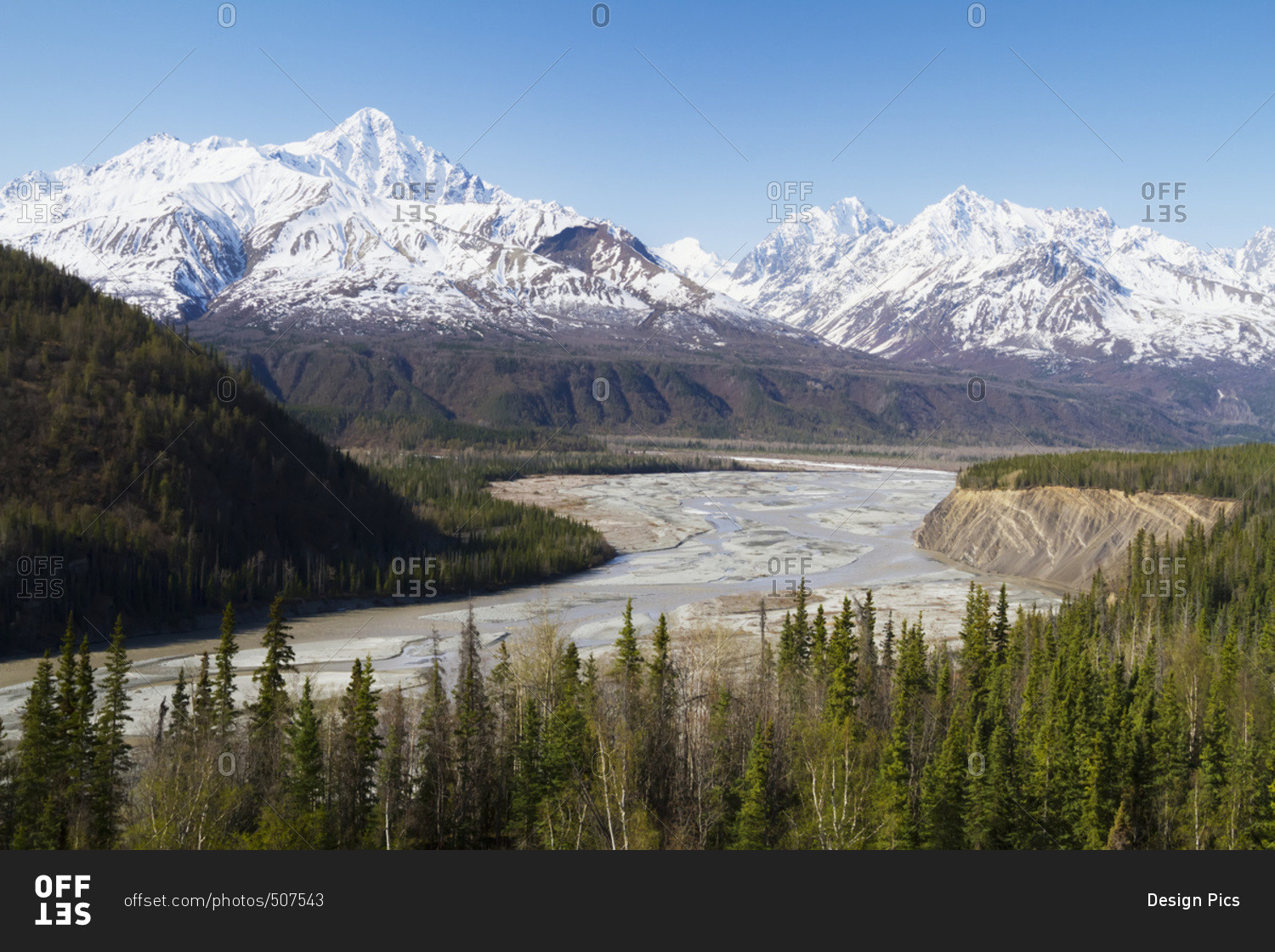 View of Matnuska River Valley from the Glenn Highway outside Palmer, near the Matanuska Glacier area, South-central Alaska in springtime; Alaska, United States of America