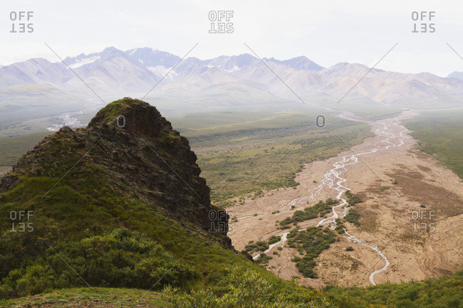 View from park road of Marmot Rock in Polychrome Pass, Denali National Park and Preserve, interior Alaska in summertime; Alaska, United States of America
