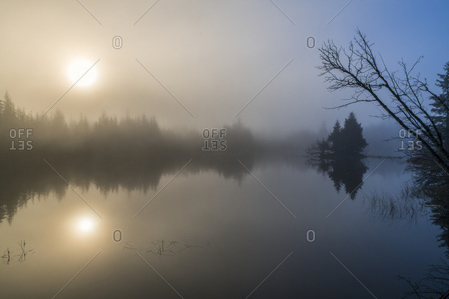 Morning fog begins to lift from a small pond in the Mendenhal Recreation area; Juneau, Alaska, United States of America