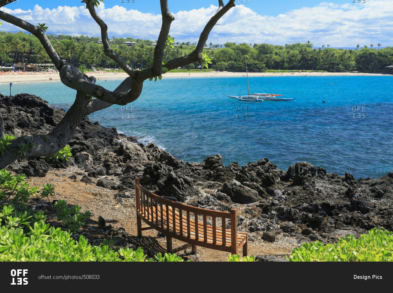 Resting bench on Kaunaoa Bay, one of the 'world's best beaches' and ...