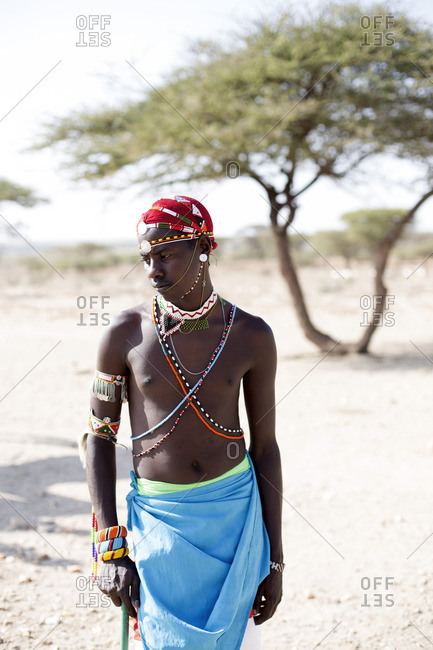 Portrait of Samburu tribesman in traditional dress, Kenya