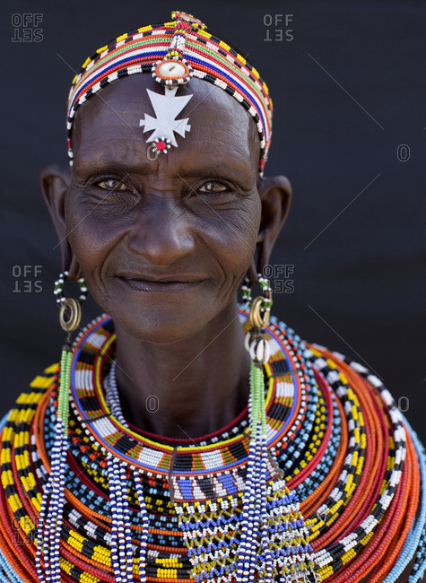 Portrait of senior Samburu woman with beaded jewelry, Kenya