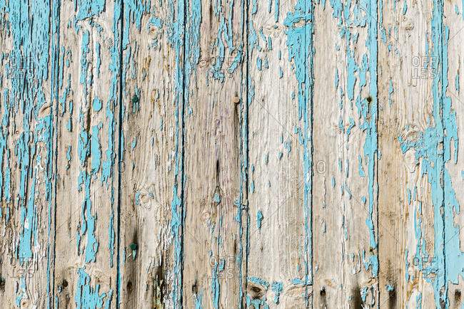 Old wood with worn blue paint and rusty nails