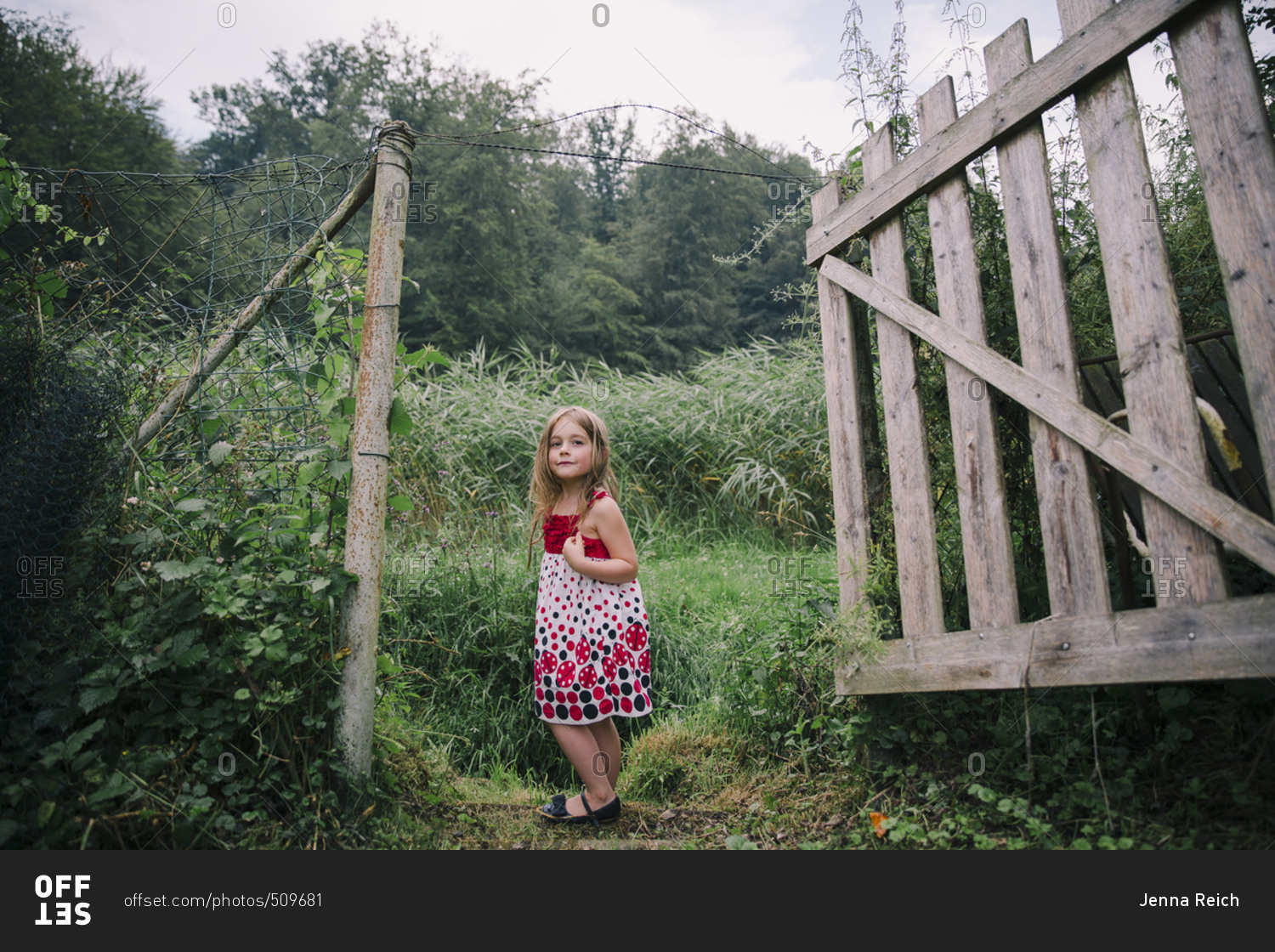 Girl at rural fence in dress