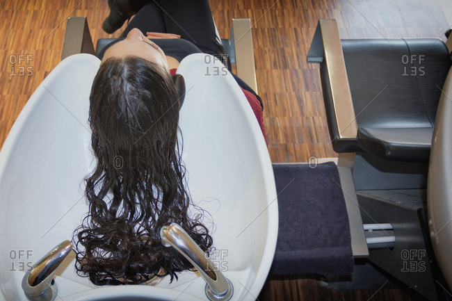 Hairdresser Woman Washing Hair Salon Customer Sink Stock