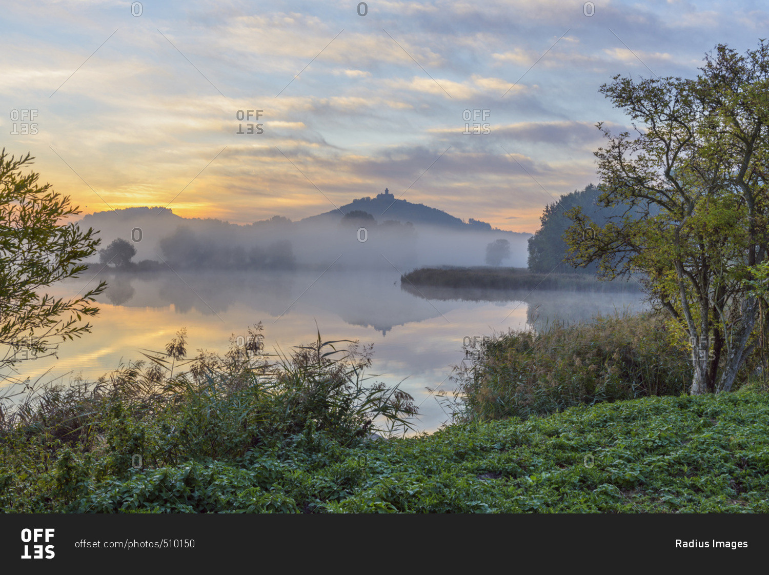 Landscape at Sunrise with Wachsenburg Castle and Lake in Morning Mist, Drei Gleichen, Ilm District, Thuringia, Germany