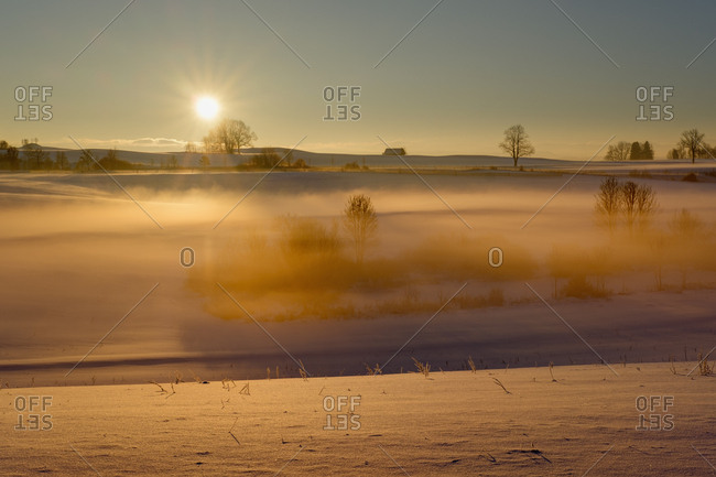 Germany- Gebrazhofen- sunrise over hazy winter landscape