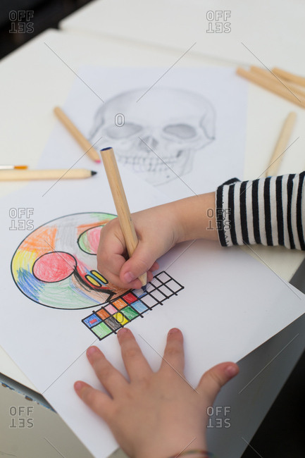 Girl coloring a simple sketch of a skull with a realistic skull at the background