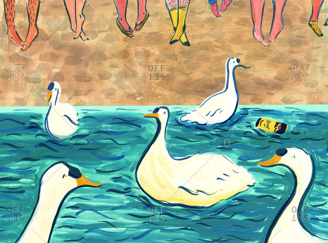 People's feet standing at the edge of a river with swans